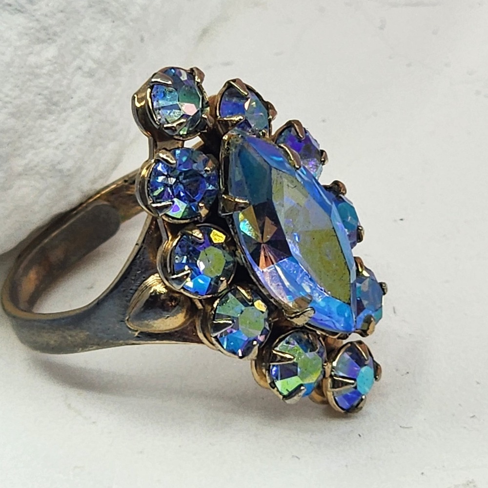 Vintage Aurora Borealis Rhinestone Marquise Cocktail Ring Gold Tone Statement